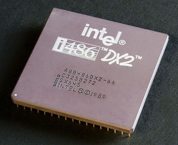 Photograph of a computer processor chip showing the integrated circuit components
