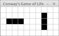 Screenshot showing the Conway's Game of Life application window with a grid of cells, some alive (black) and some dead (white), displayed in a graphical interface