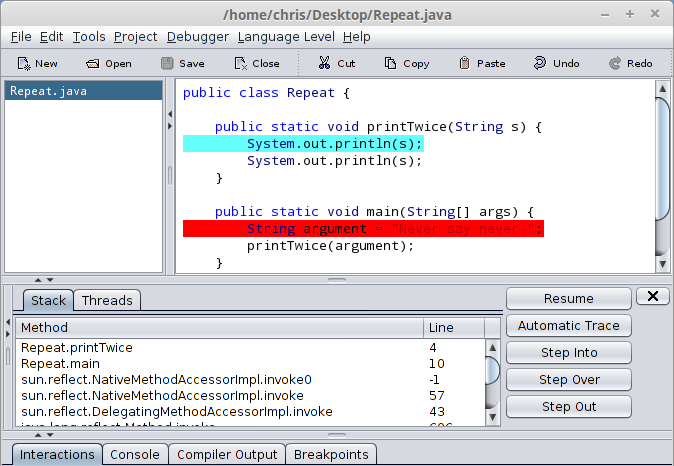 Screenshot of DrJava debugger interface showing the call stack, breakpoints, and debugging controls, with execution paused on a specific line of code