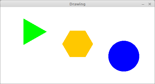 Screenshot showing a drawing application with three regular polygons: a triangle (3 sides), a hexagon (6 sides), and a circle-like polygon (360 sides), demonstrating how polygons with many sides approximate circles