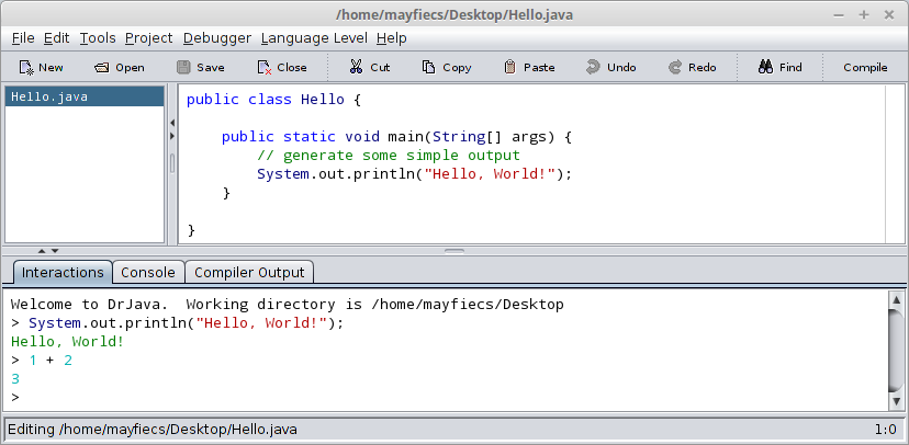 Screenshot of DrJava IDE showing the Hello World program being edited in the main editor pane with Java syntax highlighting