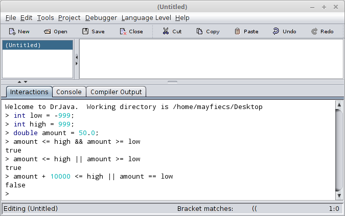 Screenshot of DrJava IDE showing the Interactions pane at the bottom with variable declarations and logic expressions being tested interactively