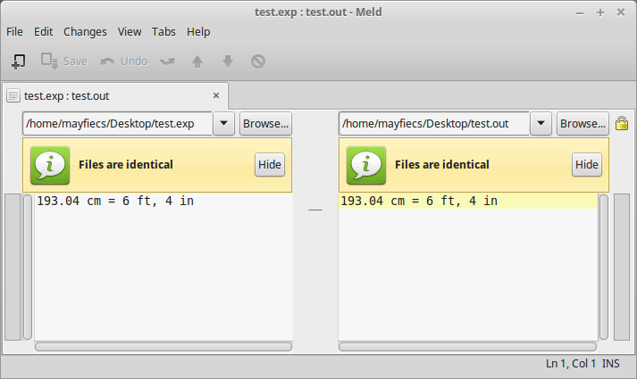 Screenshot of the meld file comparison tool showing side-by-side comparison of expected output and actual output files, highlighting differences between them