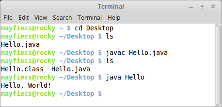 Terminal/command line interface showing the process of compiling Hello.java with javac and running it with java, demonstrating the complete workflow from source code to execution